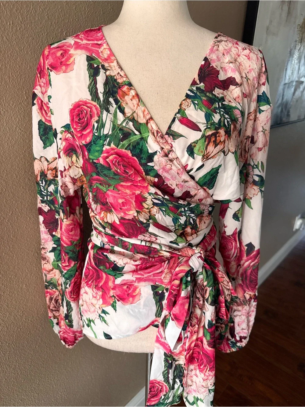 Jealous Tomato Floral Wrap Blouse in Ivory, Rose, Green